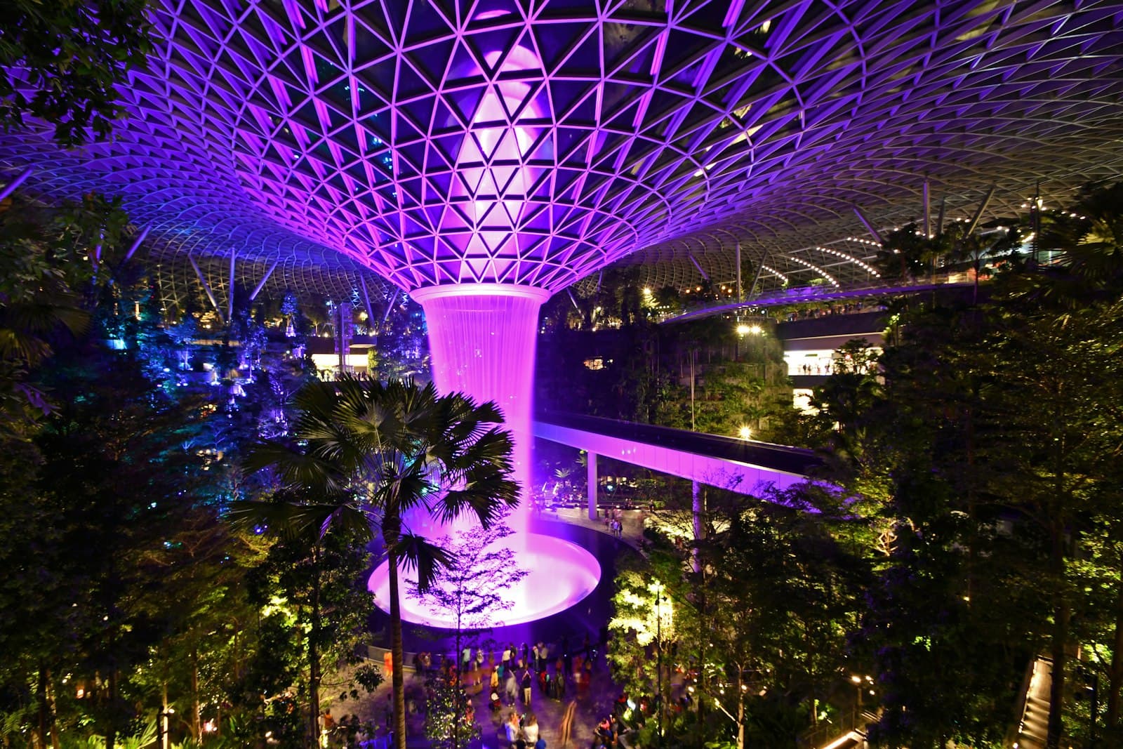 The HSBC Rain Vortex indoor waterfall at Jewel, Singapore Changi Airport, where transit passengers connect between terminals