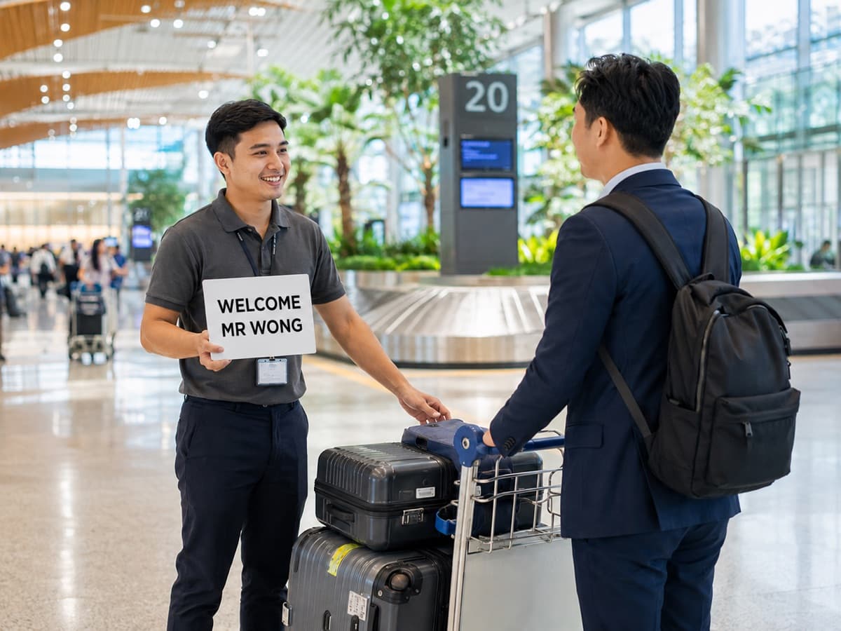 A porter greeting a traveller with a name placard at Singapore Changi Airport and taking charge of their luggage