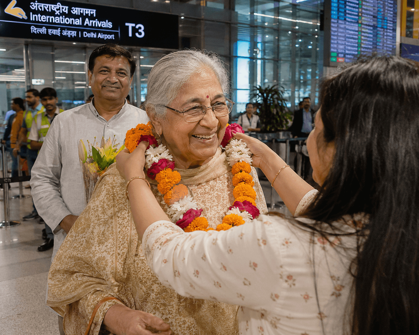 Indian grandmother being warmly greeted with a marigold garland at Delhi T3 International Arrivals by our airport meet and assist greeter