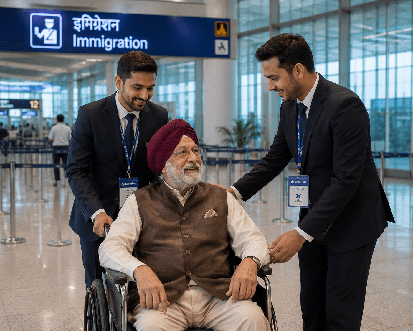 Elderly Indian gentleman in wheelchair being attentively assisted by two uniformed airport meet and assist greeters at Indian Passport immigration counter