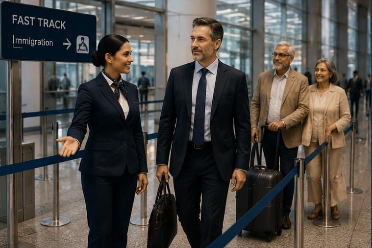 Assistant guiding travellers through a Fast Track immigration lane at an airport