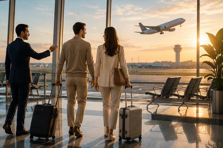AirportPorterService concierge in navy uniform gesturing a couple with luggage toward the departure gate at golden hour, aircraft taking off beyond the terminal glass