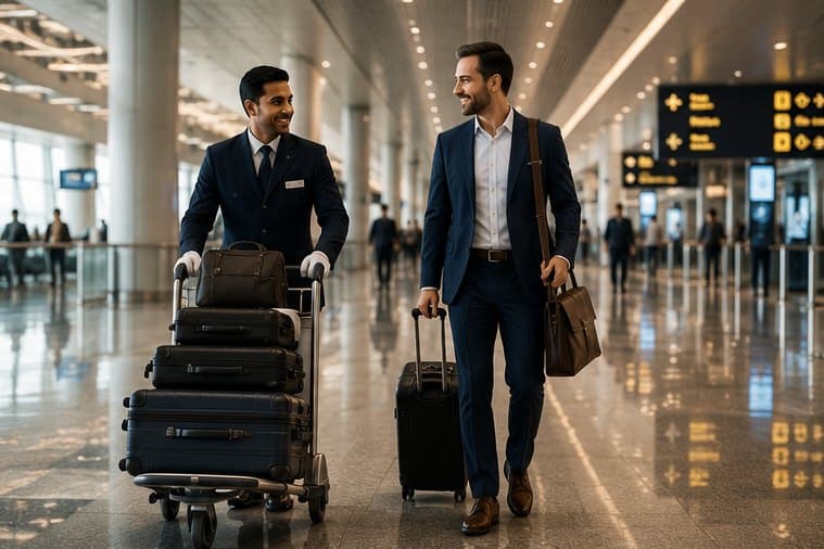 Uniformed porter wheeling a luggage trolley alongside a business traveller through a modern airport terminal