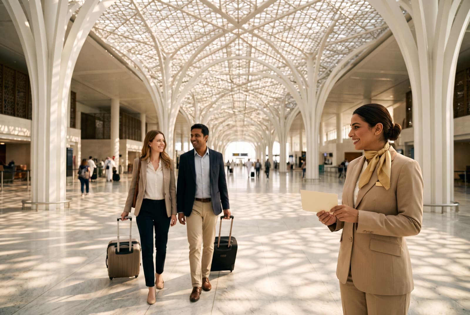 A host greets two travellers in a bright arrivals hall with a geometric lattice ceiling