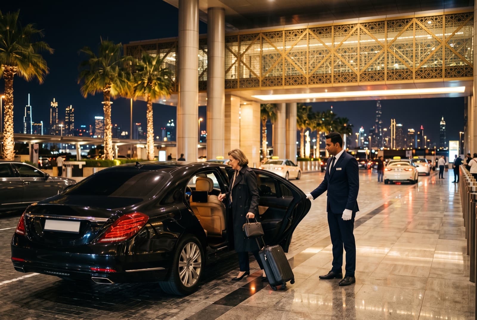 A chauffeur holds open the door of a black sedan at a terminal kerb at night, the city skyline behind