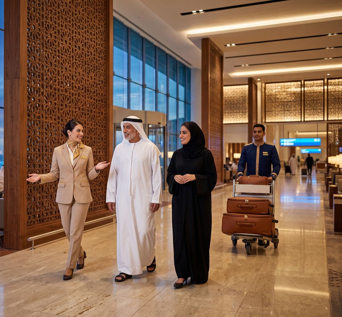 A host walks an Emirati gentleman and his daughter through a departure hall while a porter follows with their bags