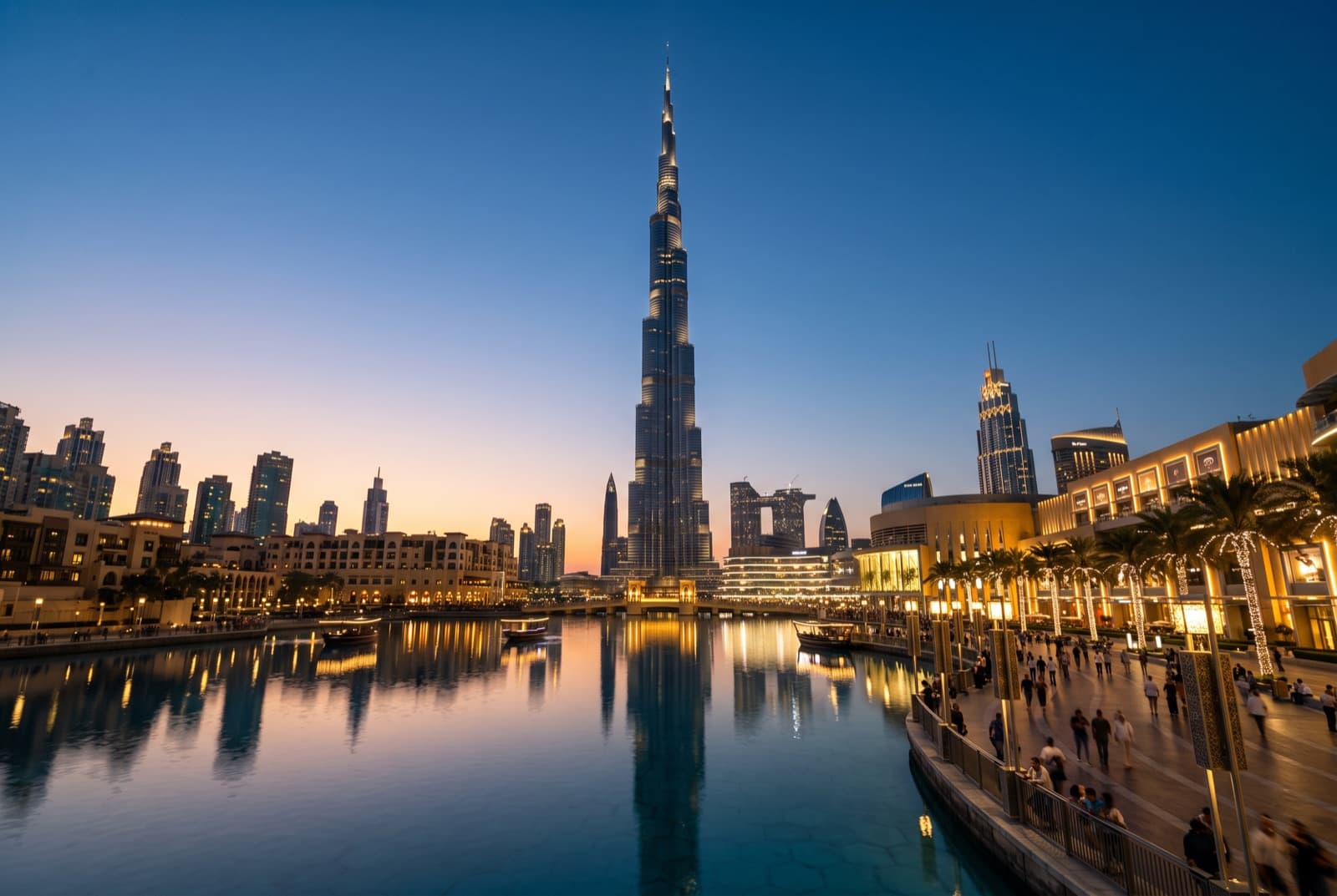 The Burj Khalifa above the Downtown Dubai skyline at dusk, reflected in the lake