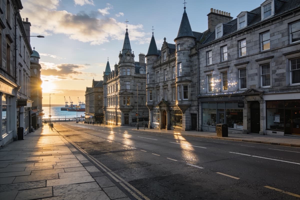 Granite buildings and the harbour beyond in Aberdeen