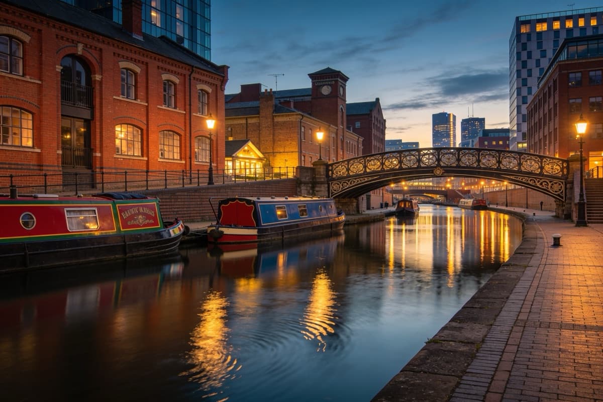 Narrowboats on a city-centre canal in Birmingham at dusk