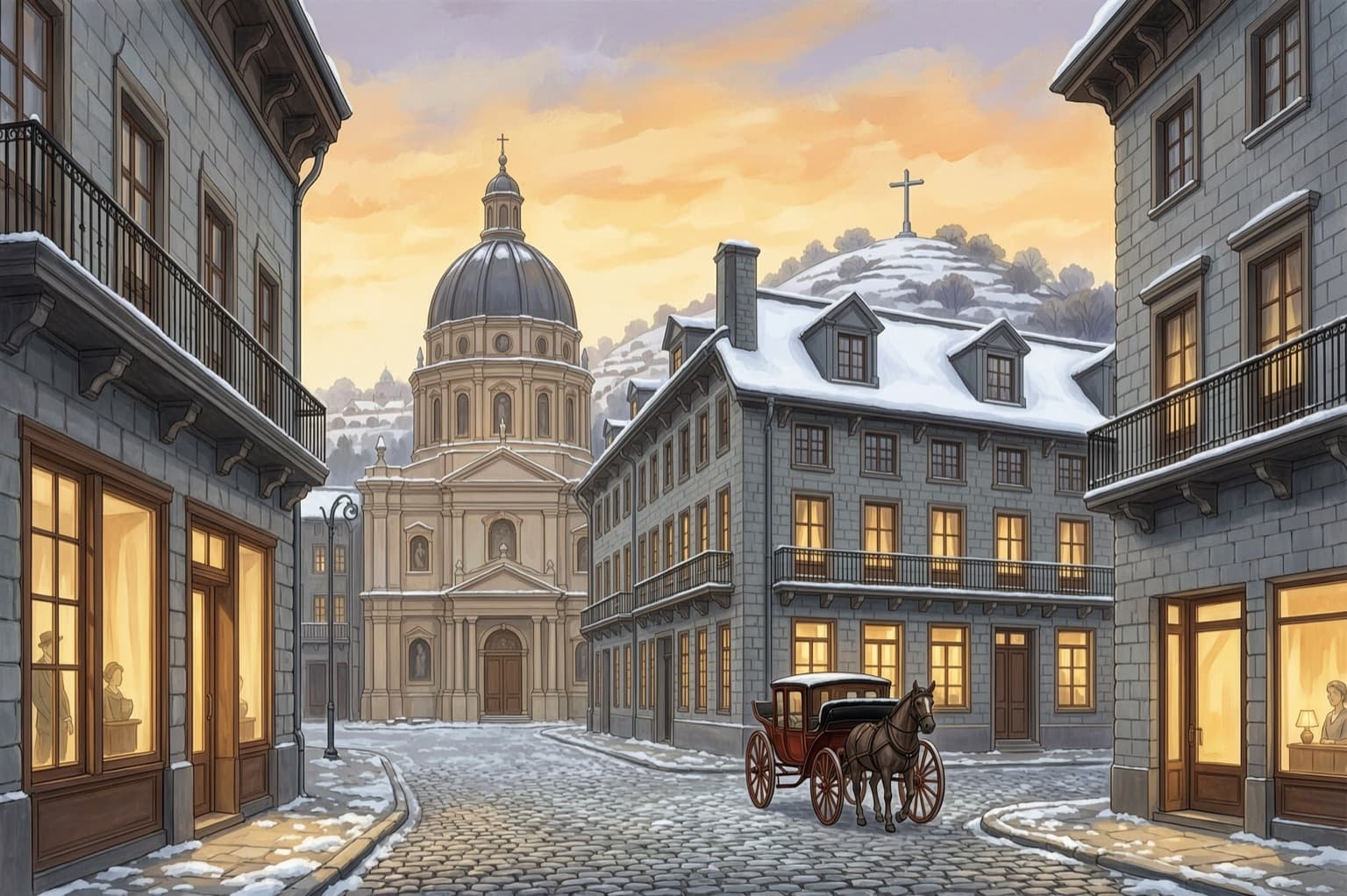 A cobbled street of grey-stone buildings in Old Montréal at dusk