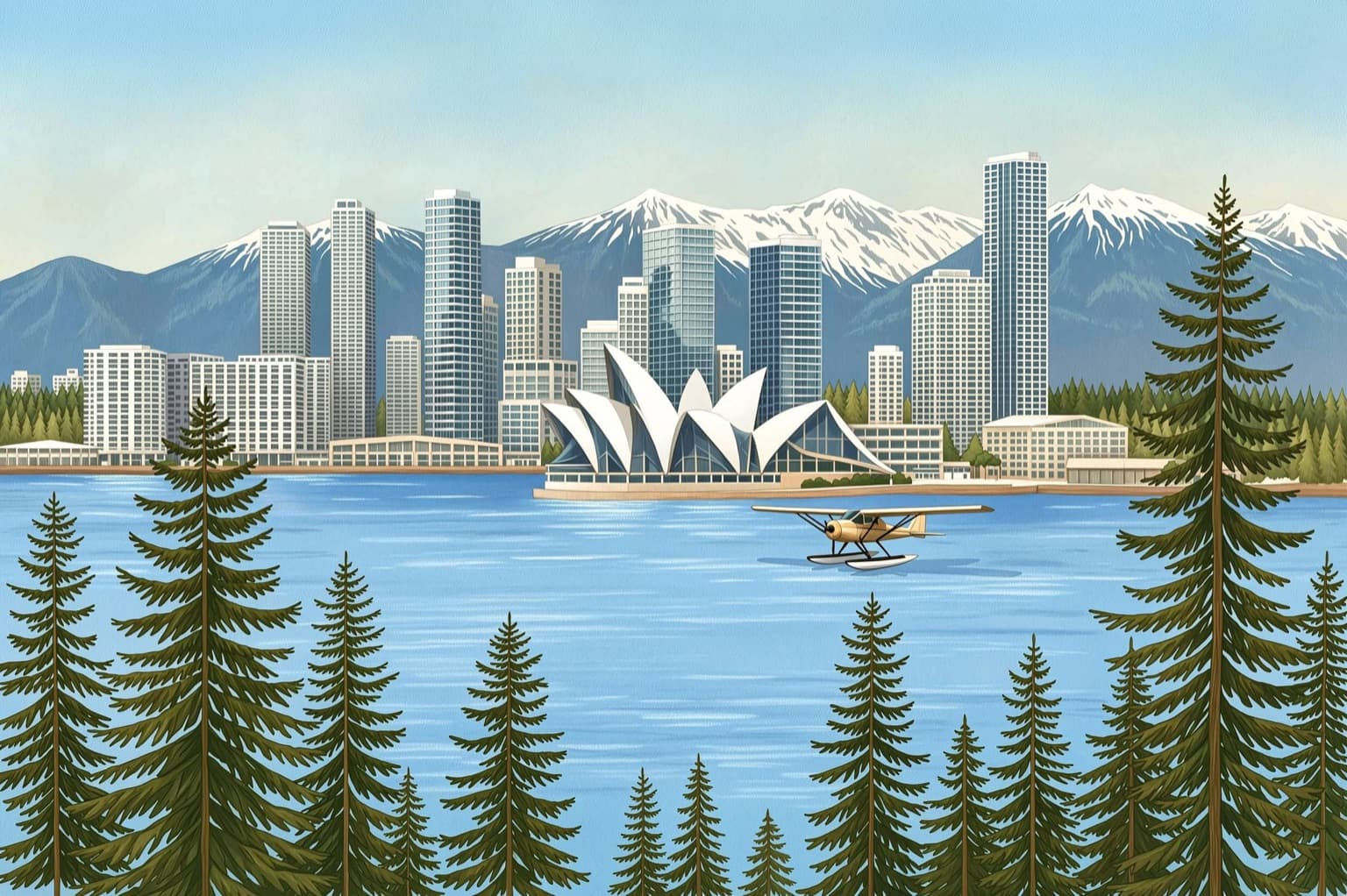 Downtown Vancouver across the water with snow-capped mountains behind