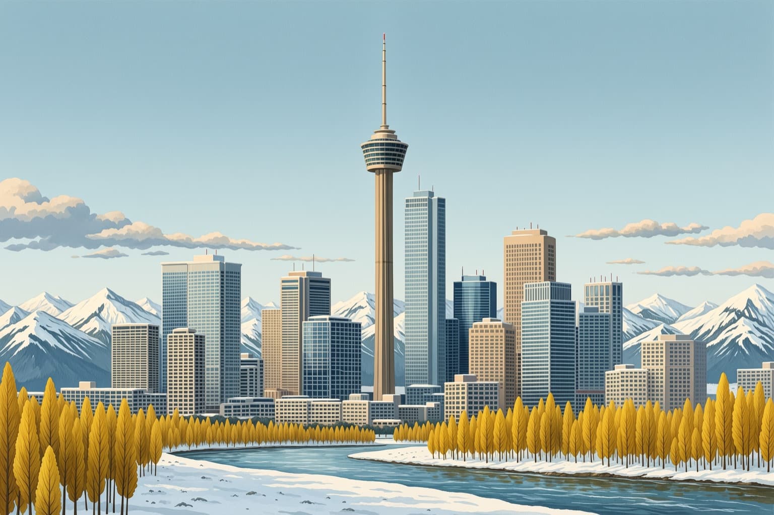 The Calgary skyline with the Rocky Mountains on the horizon