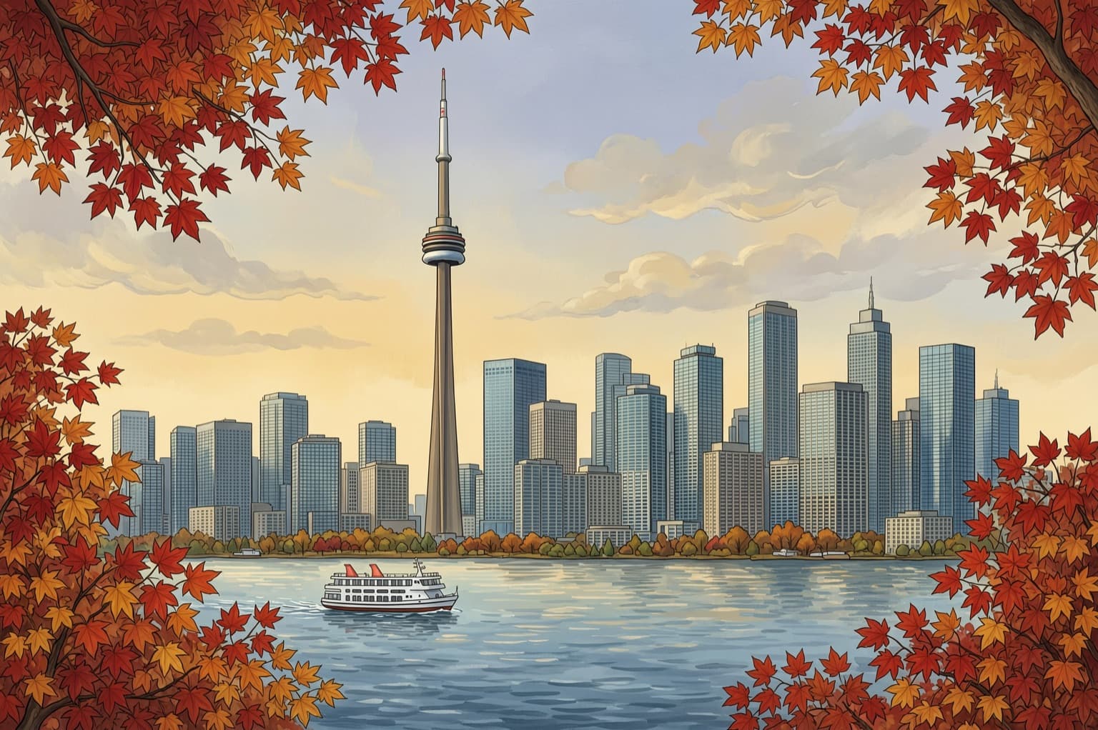 The Toronto skyline and the CN Tower from the lakeshore in autumn