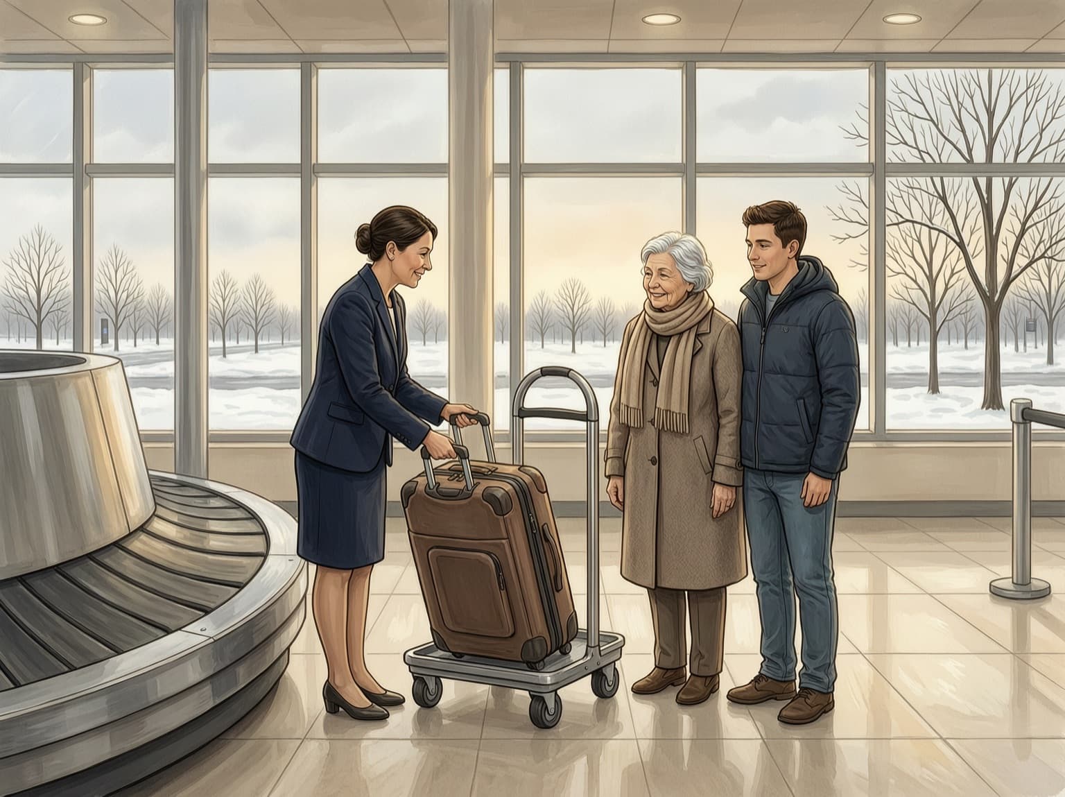 A host lifts a suitcase from the baggage carousel onto a trolley for an elderly lady in a winter coat