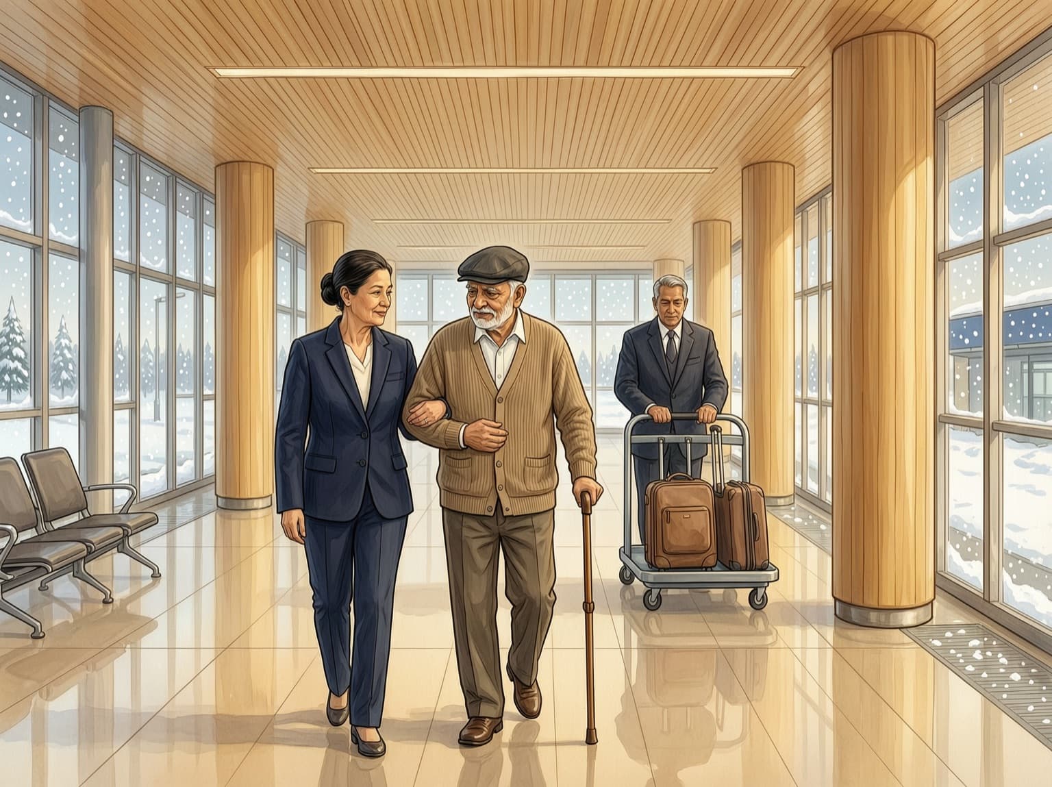 A host walks arm in arm with an elderly gentleman while a porter follows with his cases