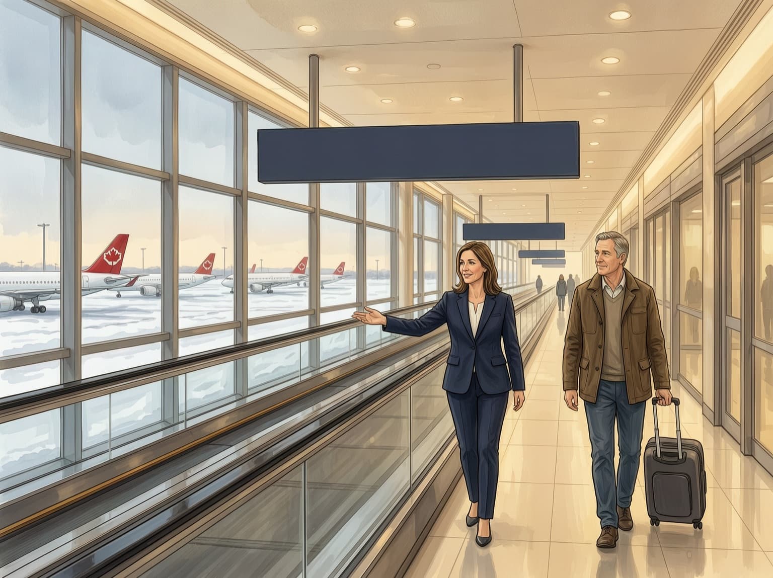 A host shows a traveller the way along a bright connections corridor with moving walkways