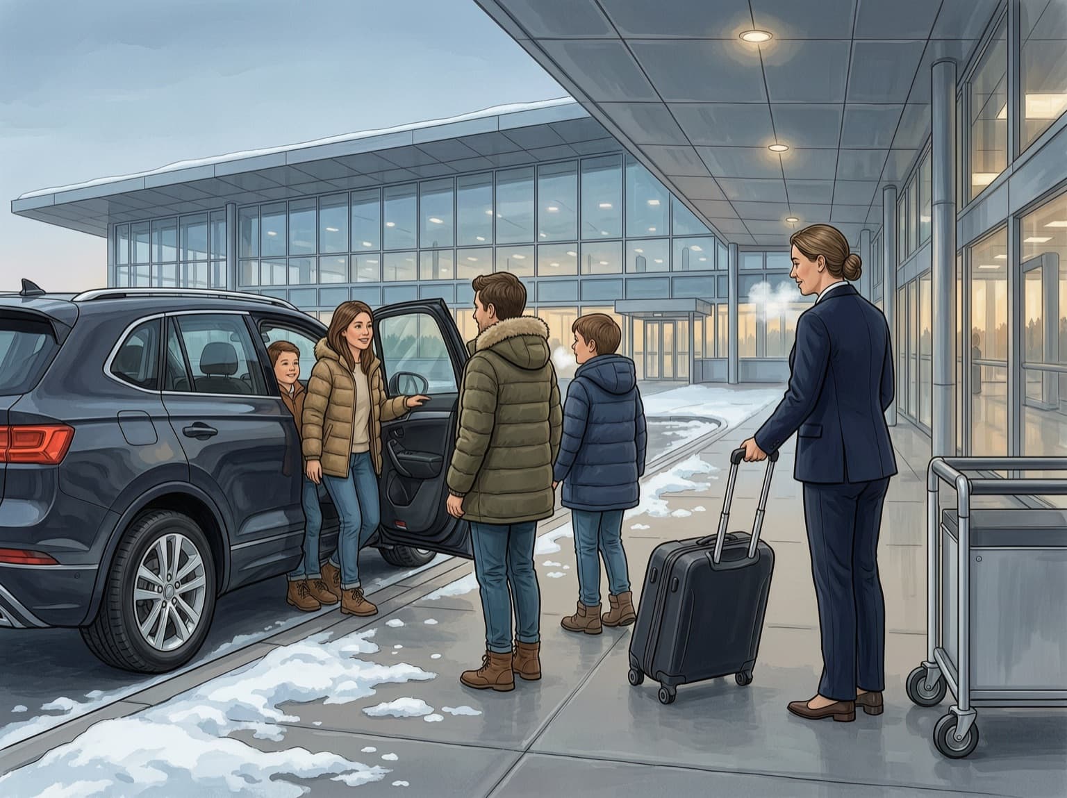 A host greets a family at a snowy departures curb and takes a suitcase to a trolley