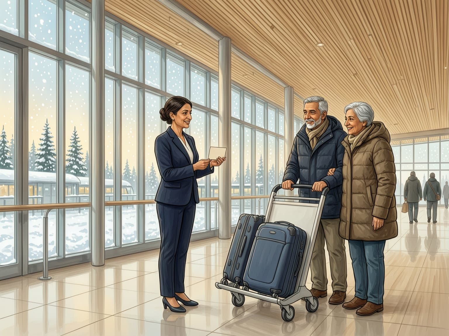 A host with a name card welcomes an older couple pushing a luggage trolley in a bright arrivals hall