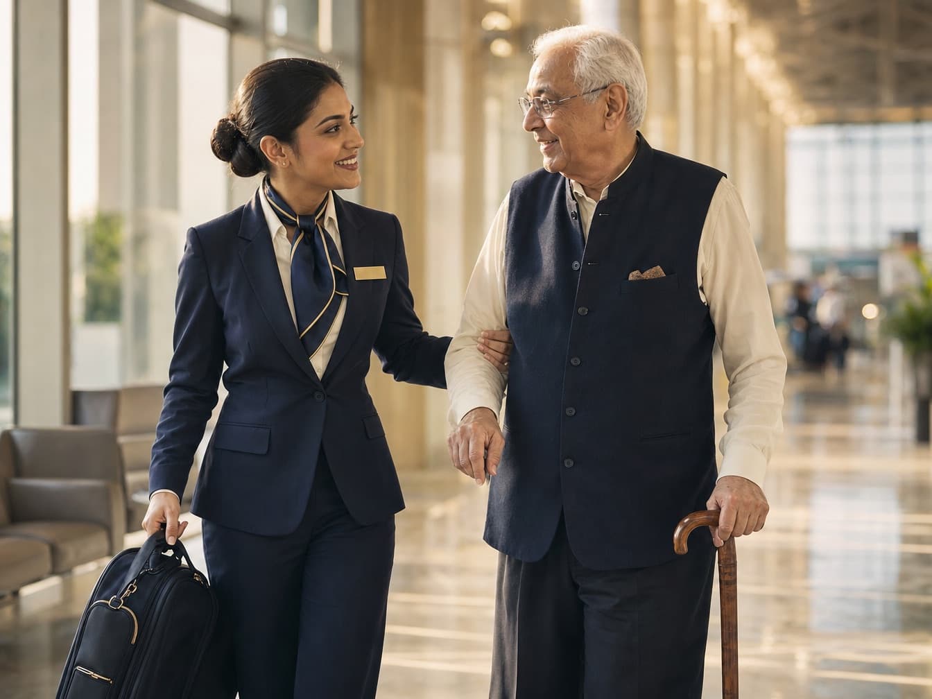 A host walks beside an elderly gentleman, carrying his cabin bag