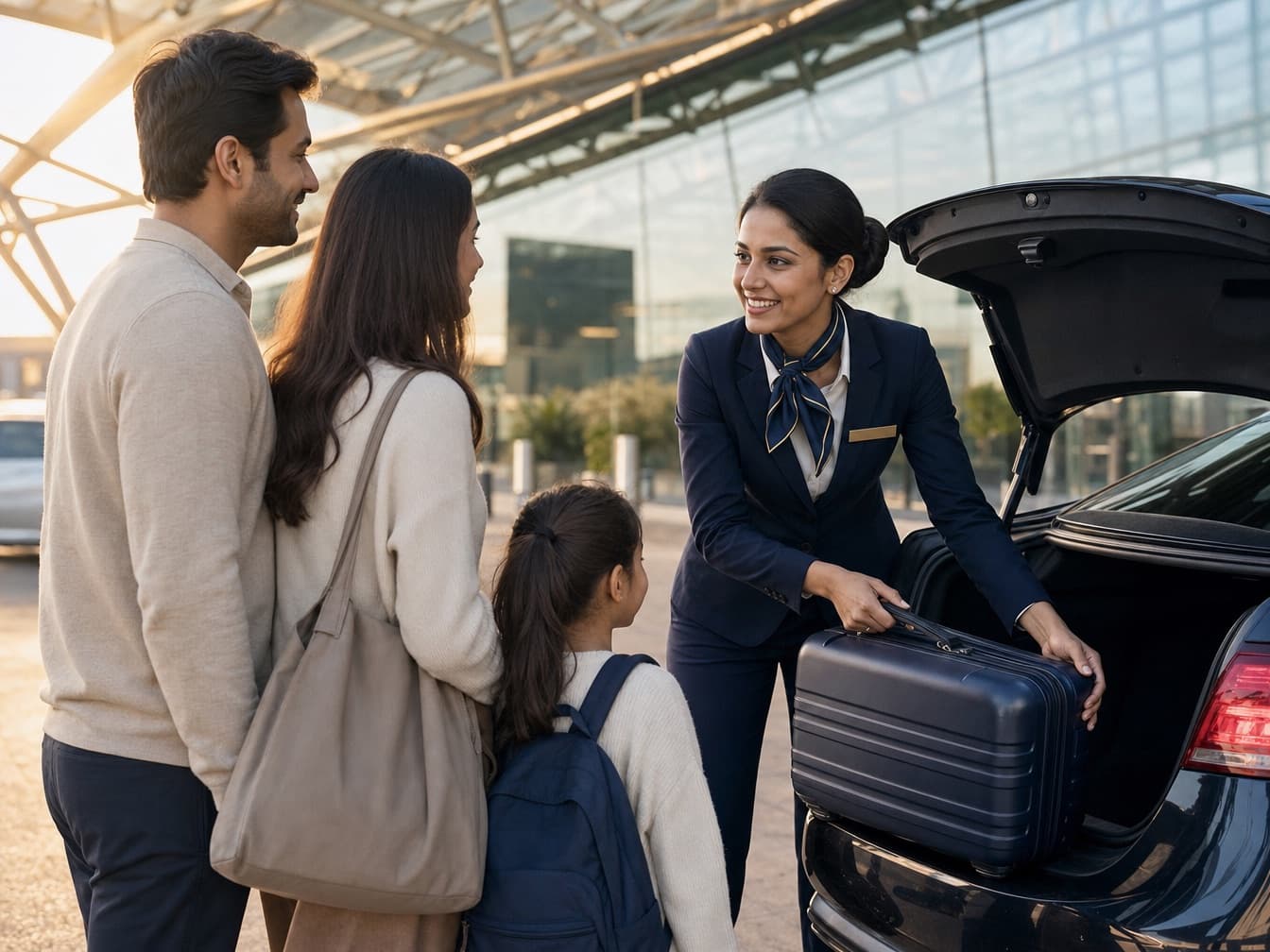 A host takes a suitcase from a car at the departures kerb for a family