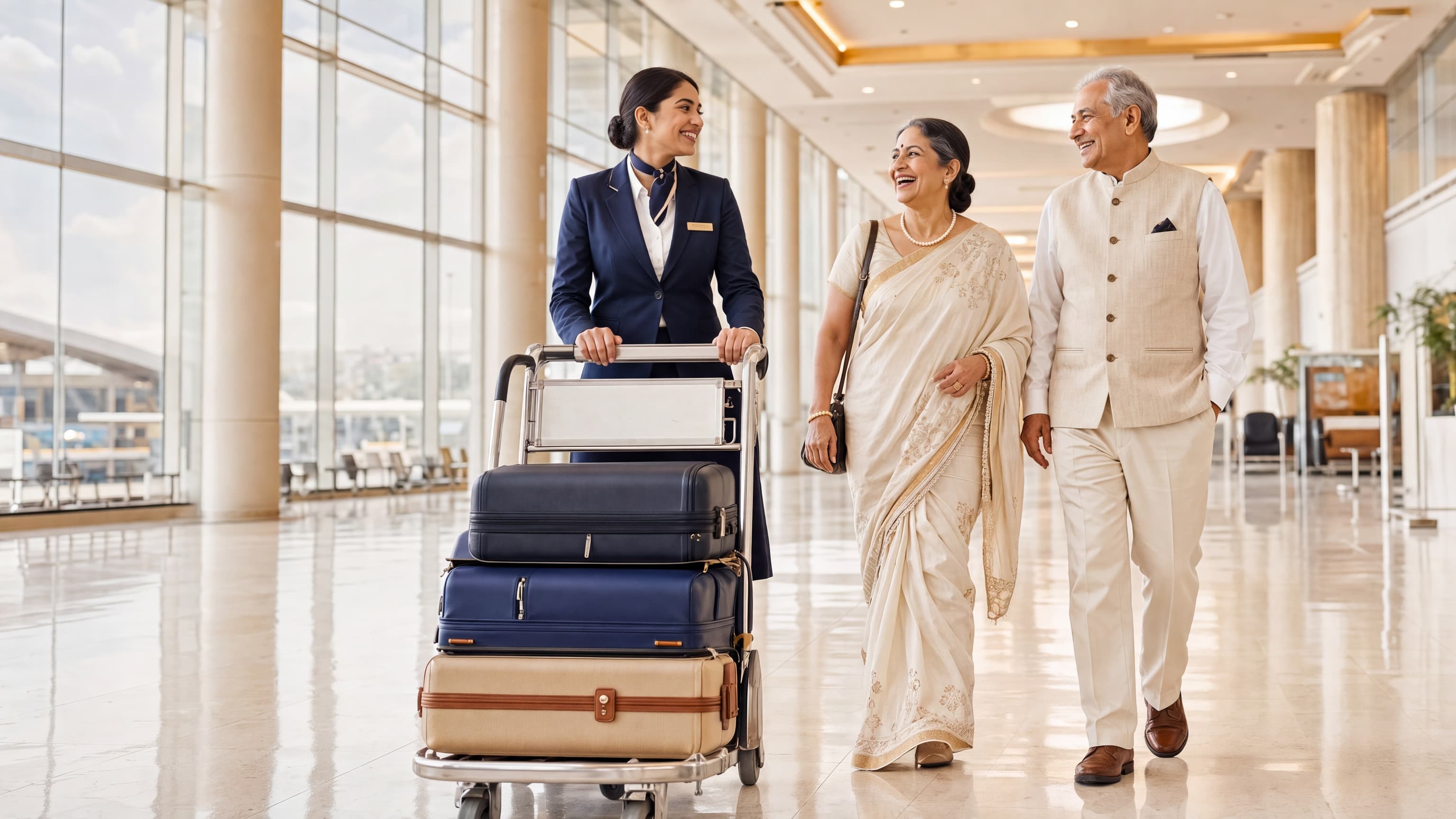 A host pushes the luggage trolley while an elderly couple walk beside her