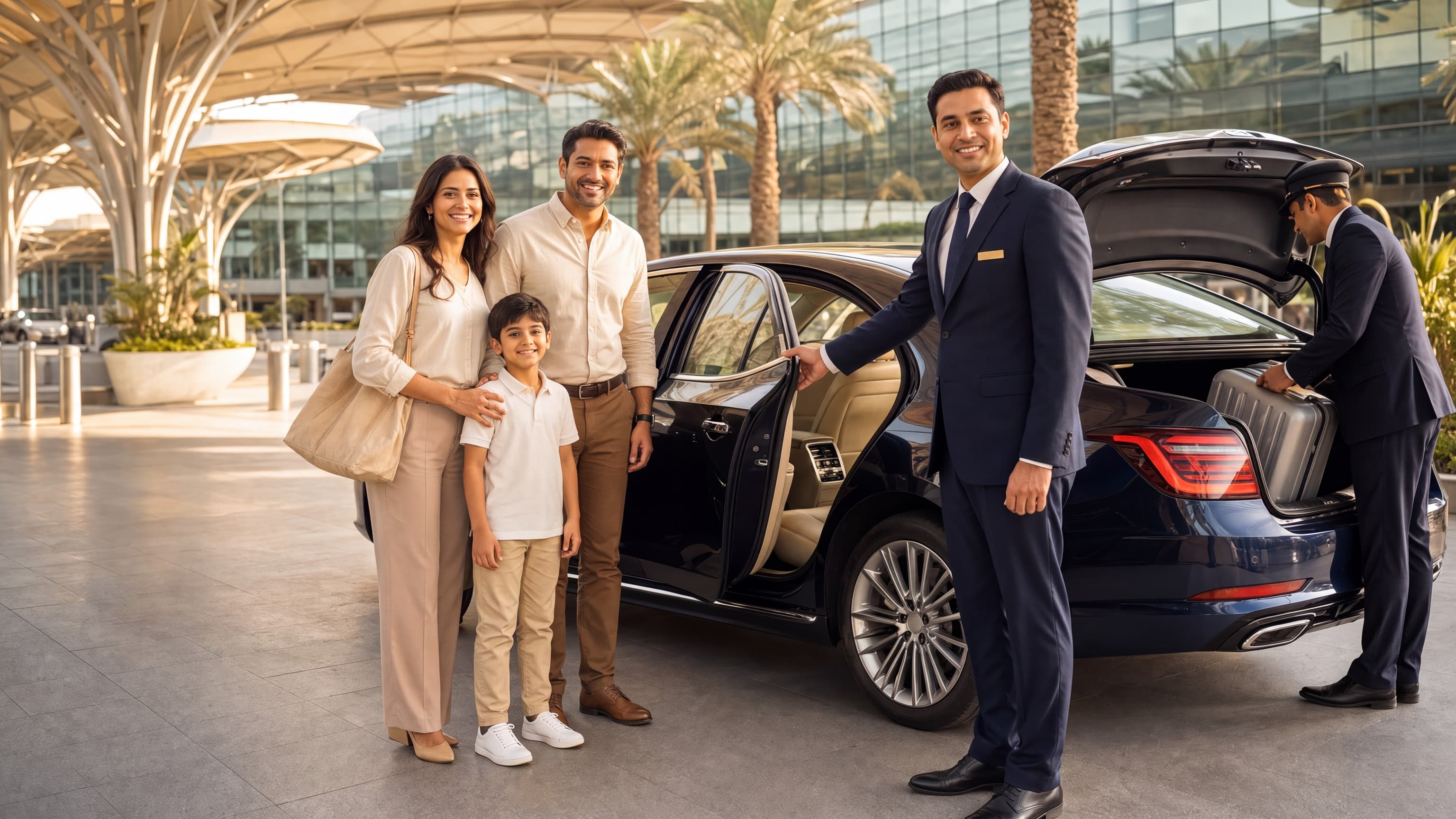 A host holds the car door for a family at the arrivals kerb