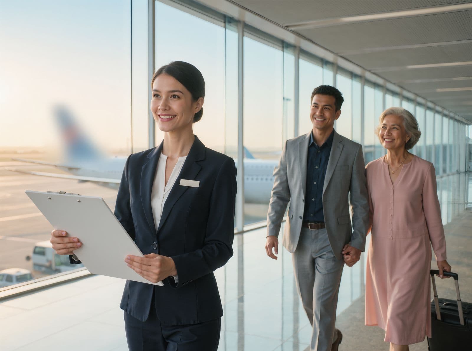 A greeter in a navy blazer welcomes a traveller and his mother as they walk in from the aircraft