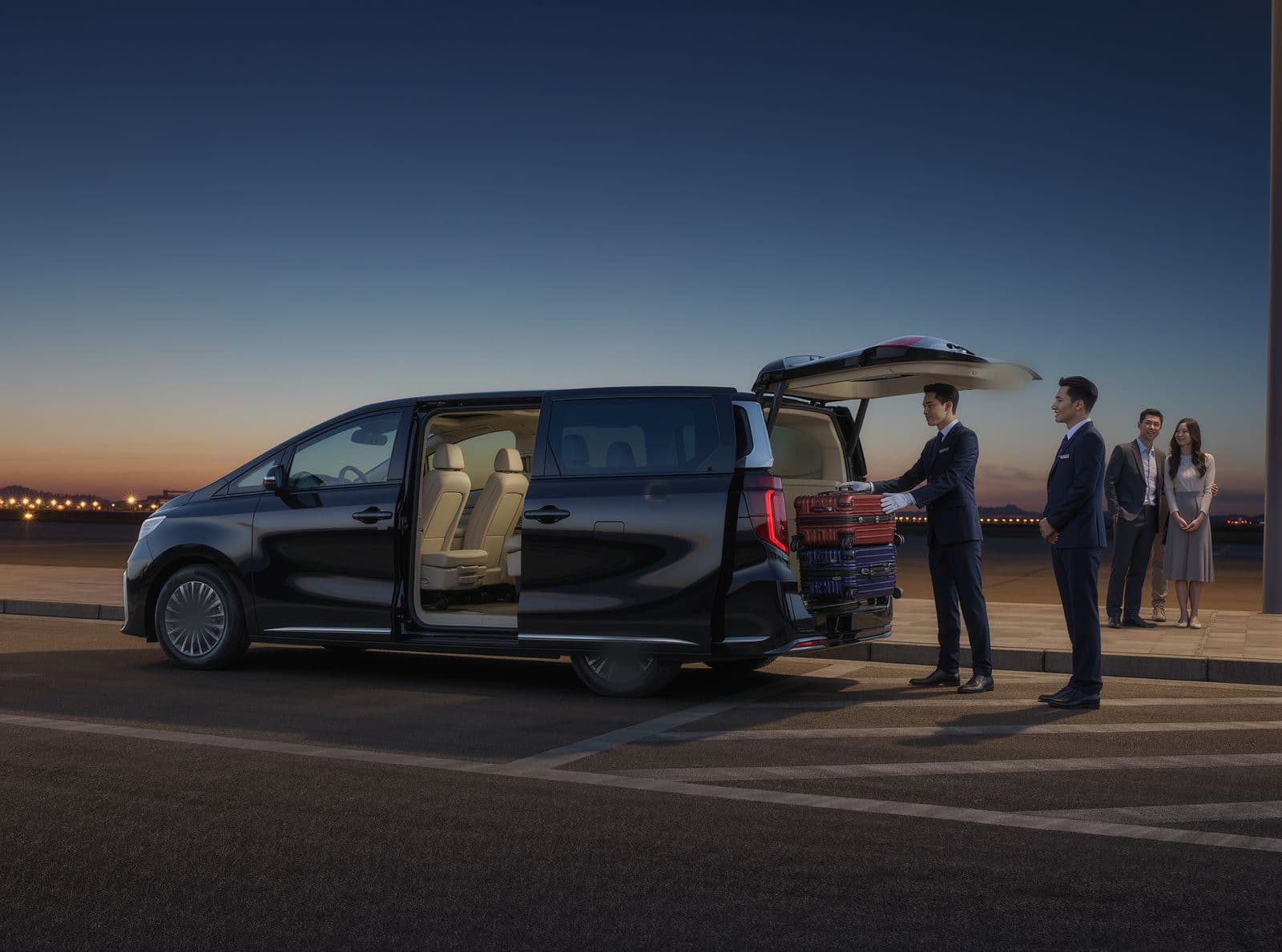 A chauffeur loads suitcases into a black minivan at the kerb at dusk while a greeter and two travellers wait