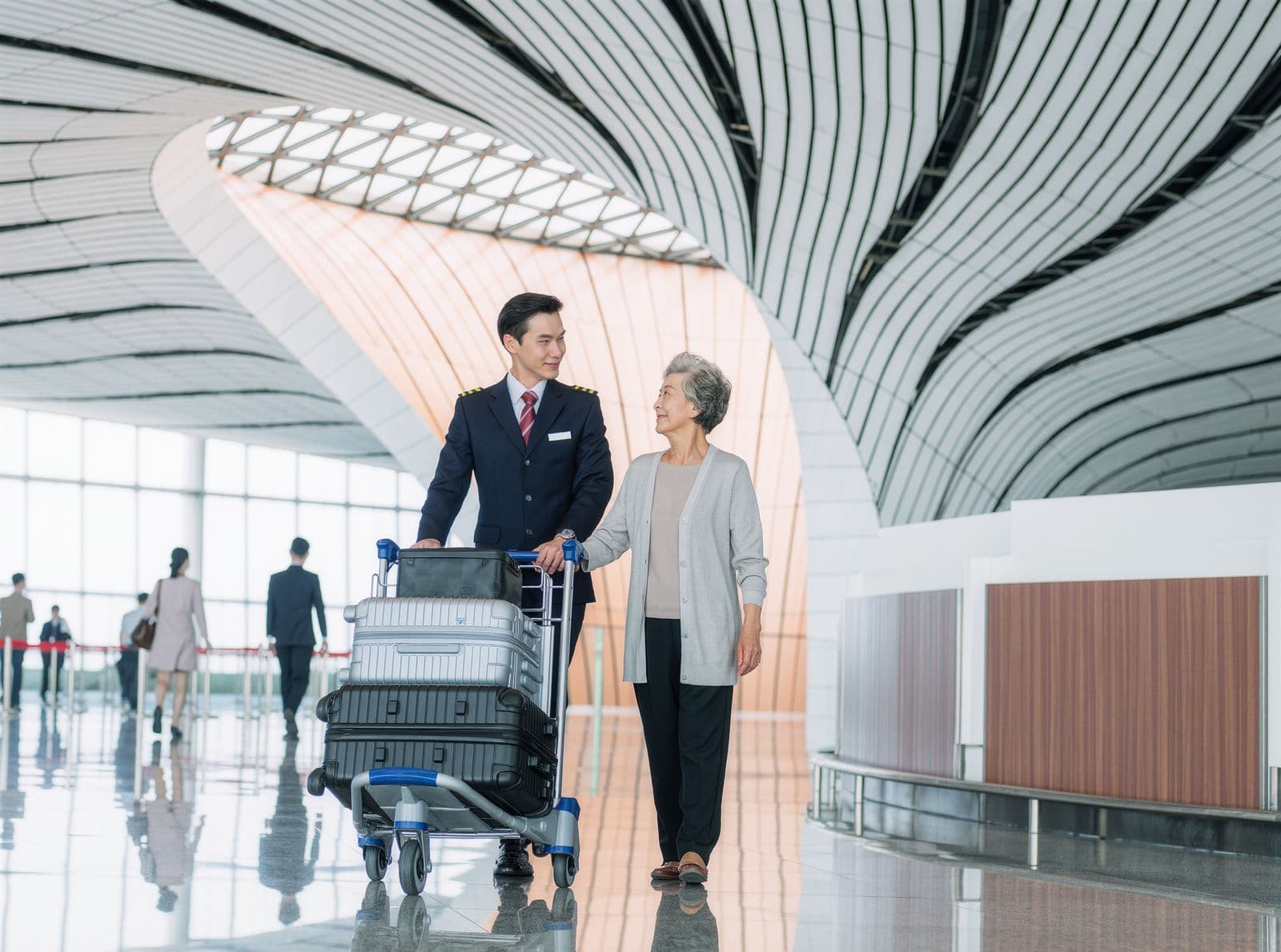 An escort pushes a traveller's luggage trolley beside her through a departure hall