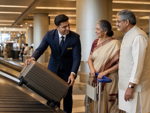 A host walking with a family through the arrivals hall