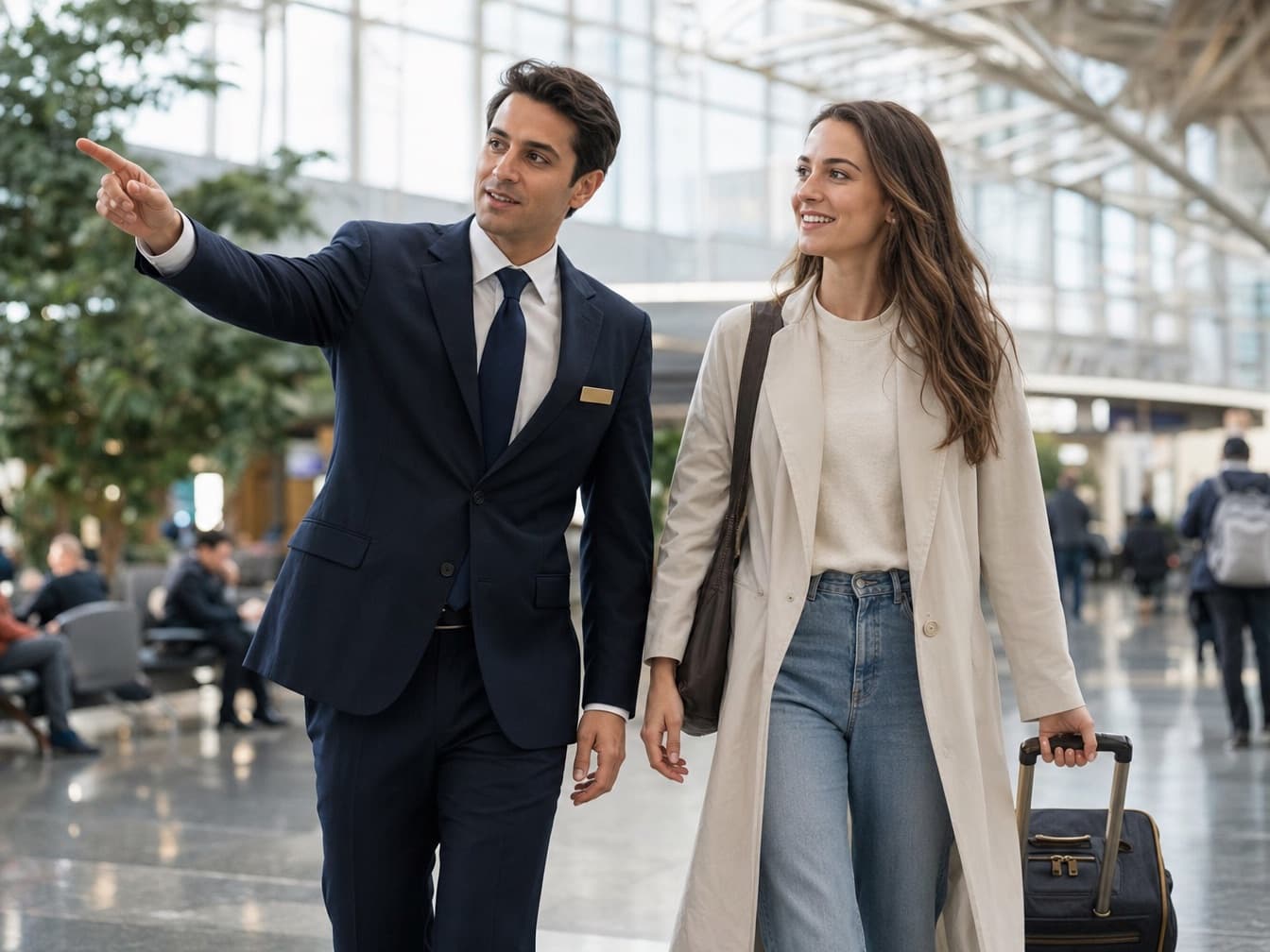 A host walks a traveller briskly through a transit concourse