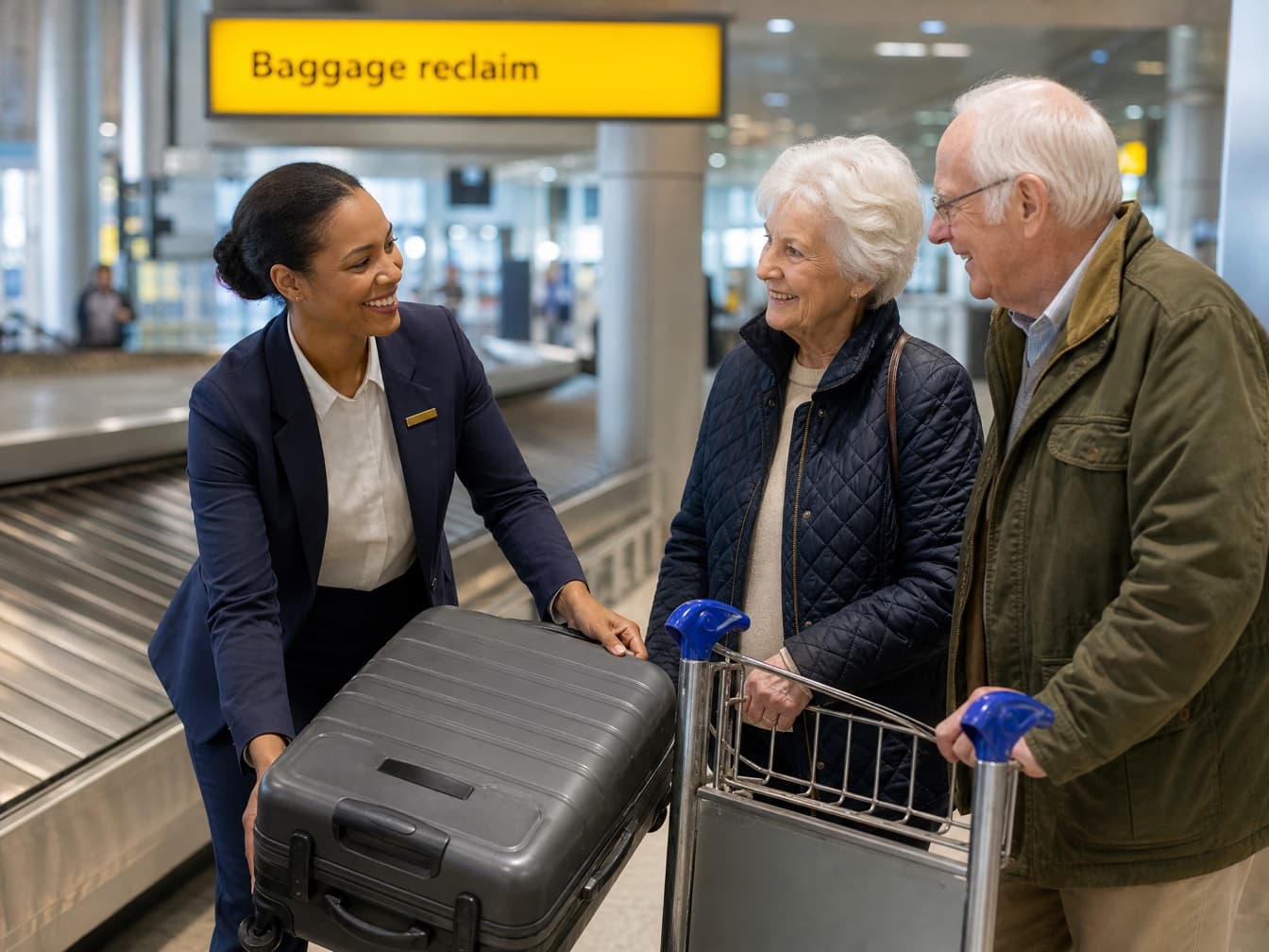 A host lifts a suitcase from the baggage belt for an older couple