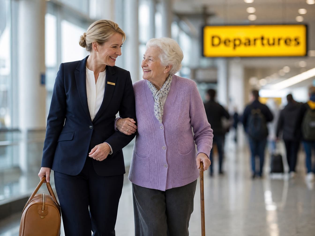 A host walks arm in arm with an elderly lady through the terminal