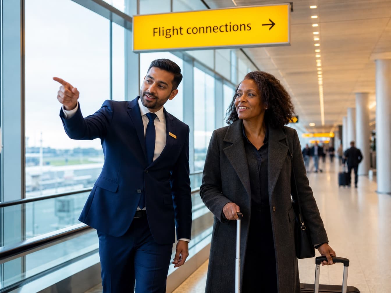 A host shows a traveller the way under a Flight connections sign