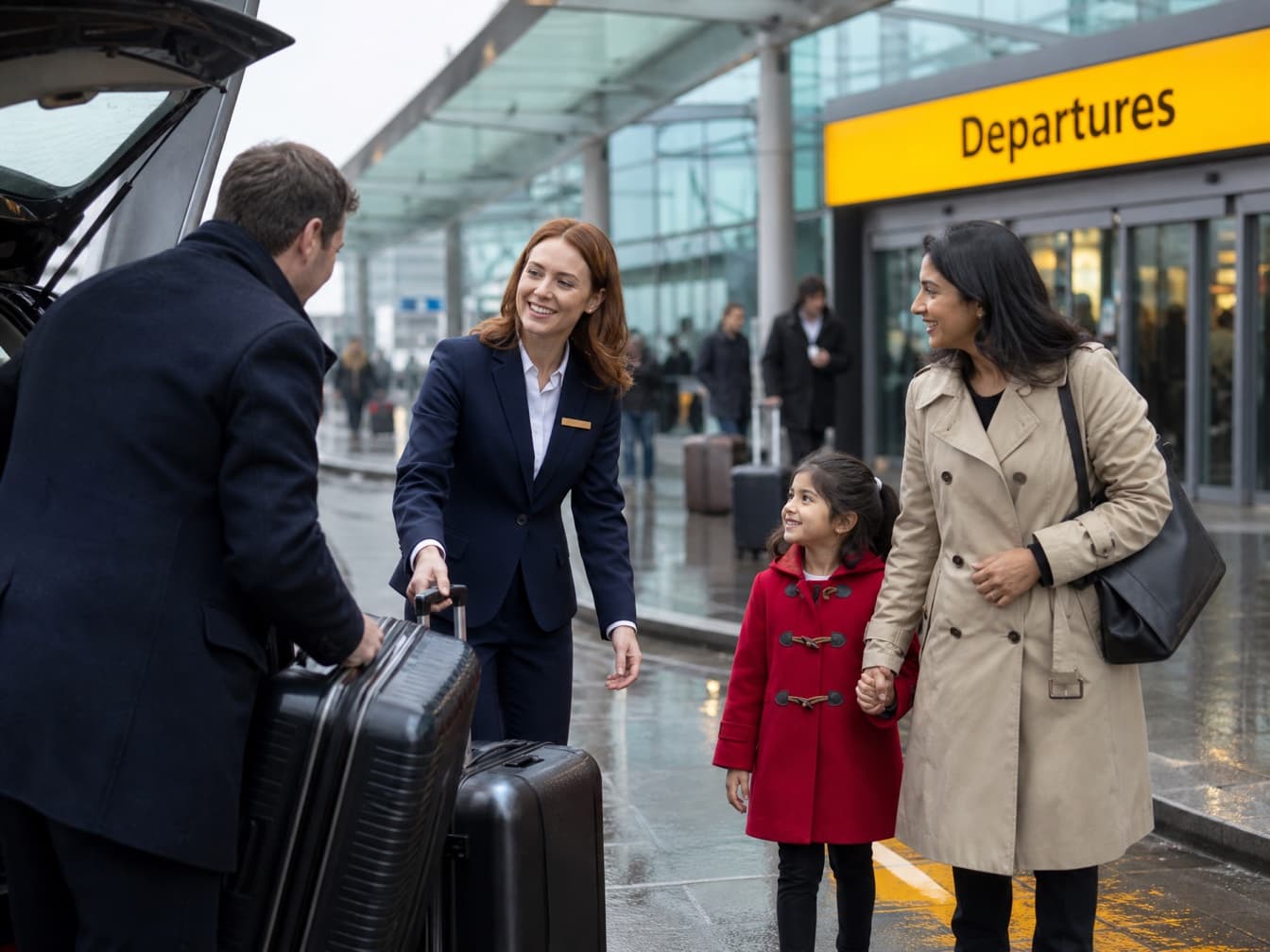 A host meets a family at the kerb beside a black cab