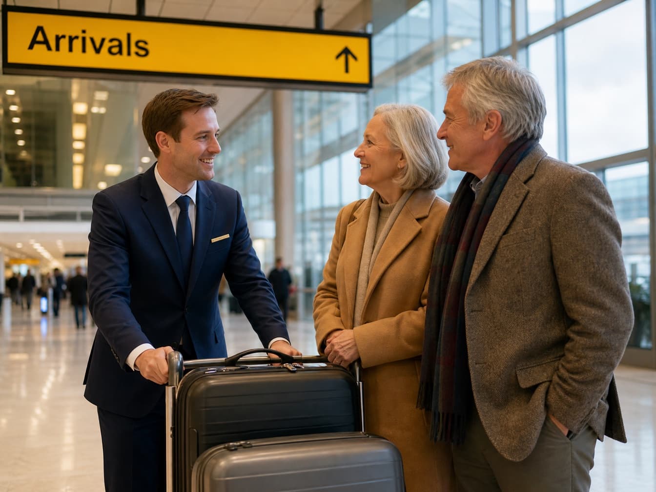 A host welcomes an older couple under a yellow Arrivals sign