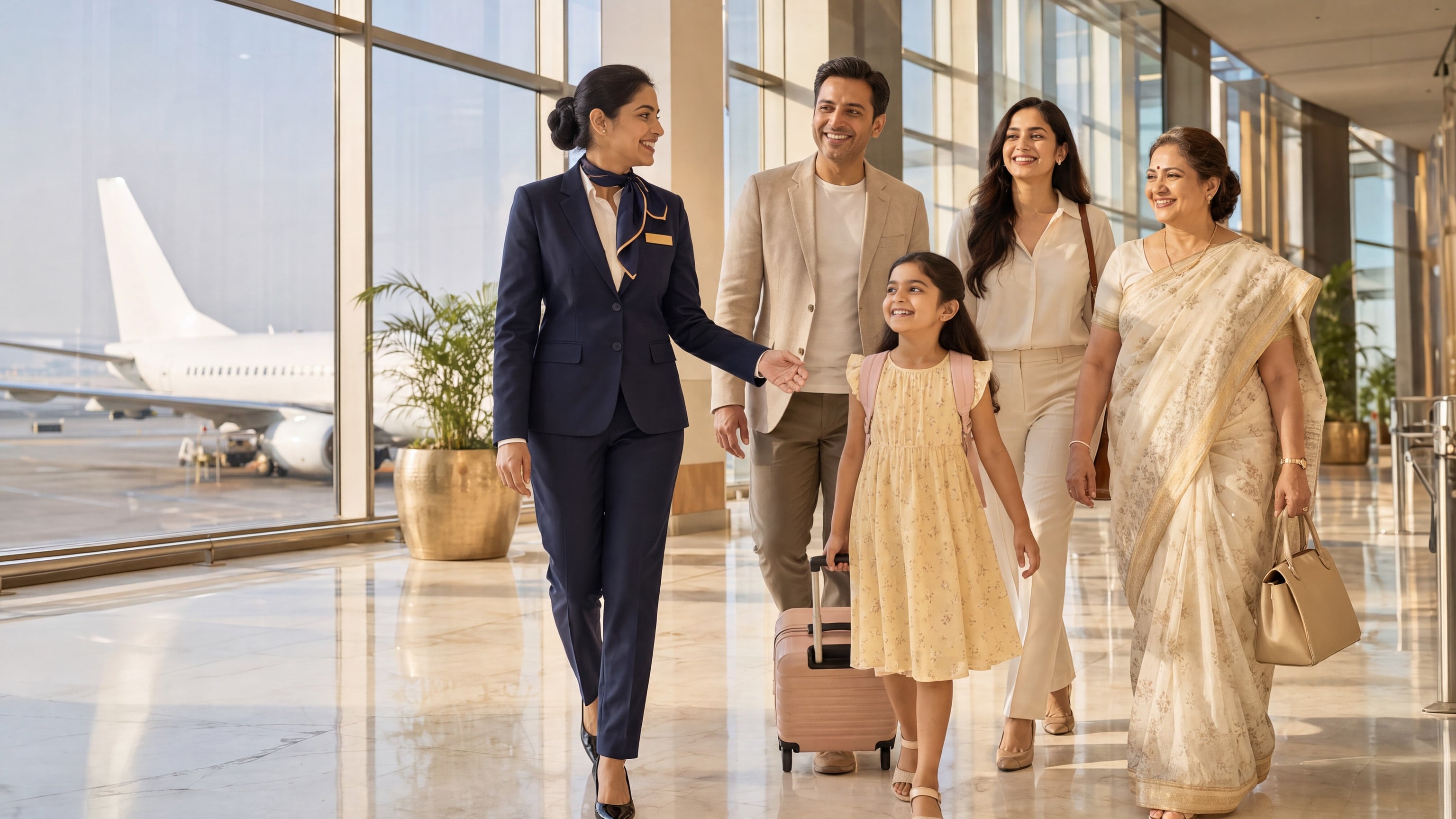 An airport host welcomes an arriving family, an aircraft behind the windows