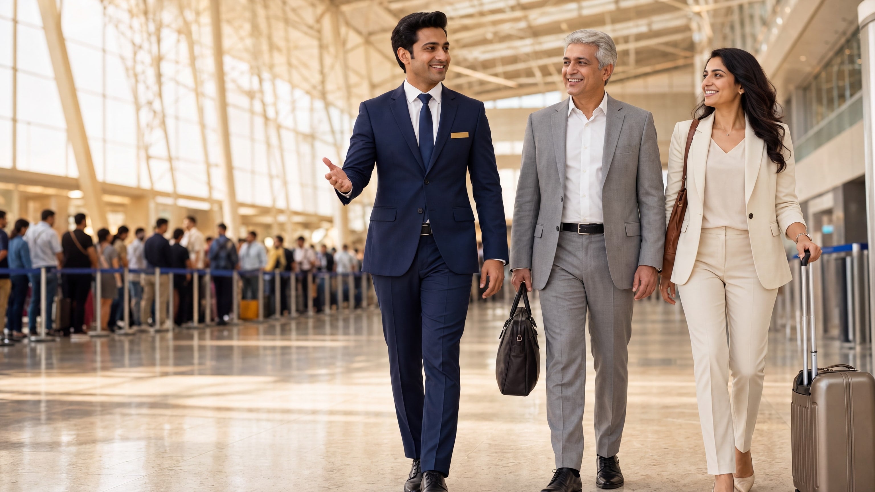 A host guides two business travellers through the immigration hall