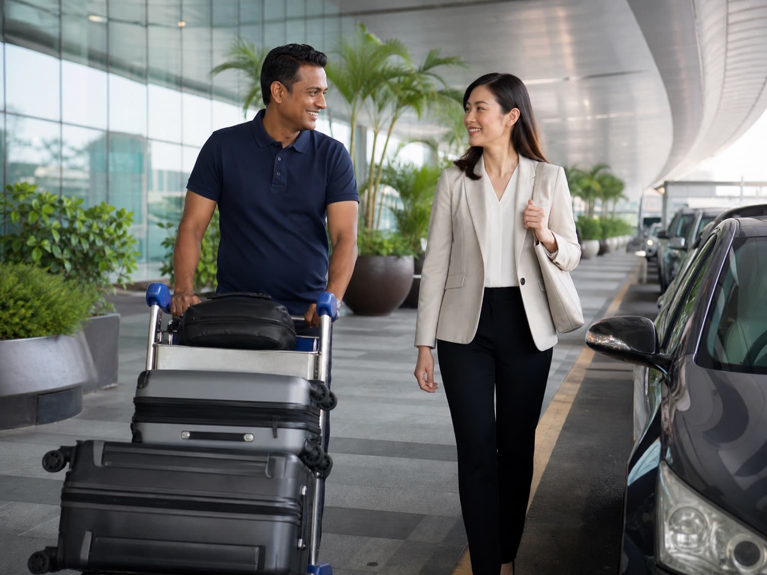 A porter wheels a traveller's suitcases along a covered kerb lined with palms