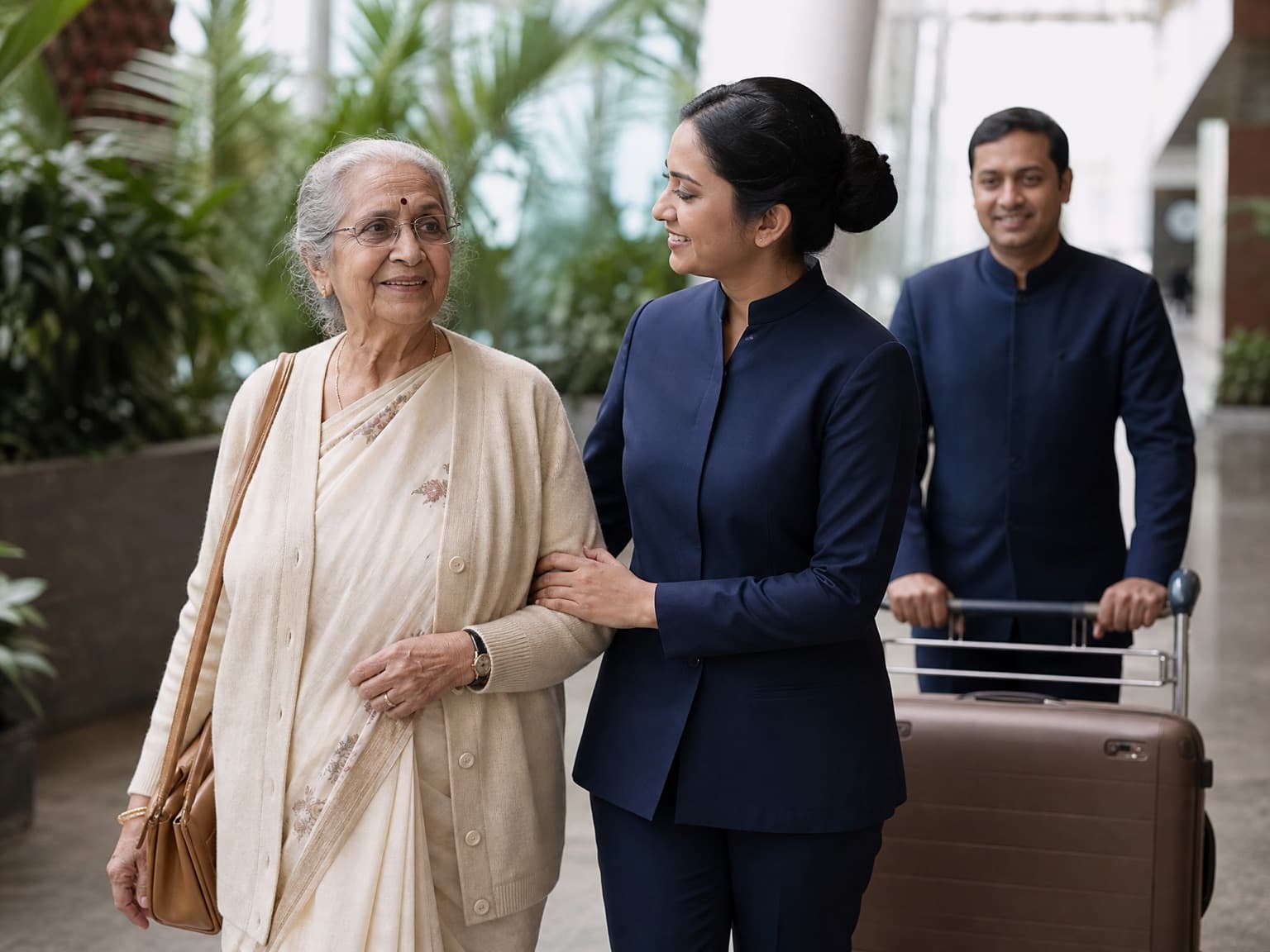 A host walks beside an elderly lady at her pace while a porter follows with her case