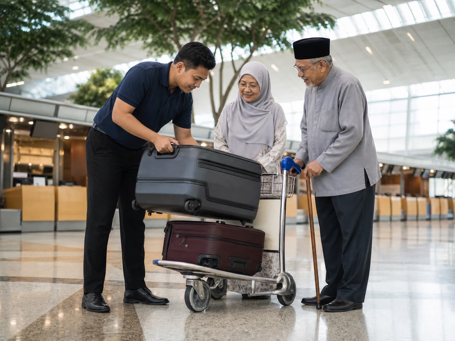 A porter lifts a suitcase onto a trolley for an older couple in a departure hall